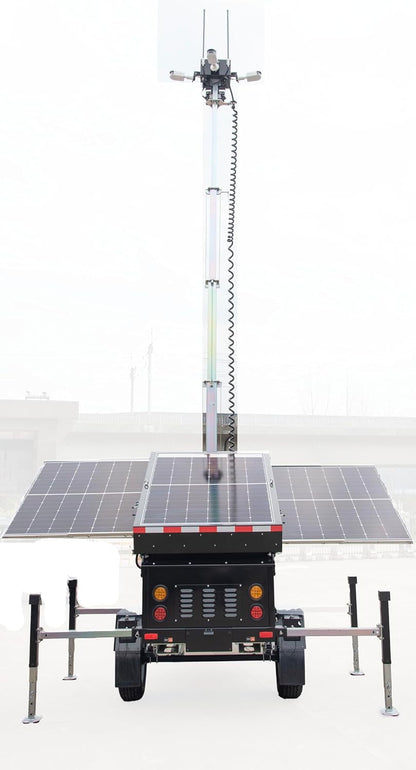 Mobile Solar Powered CCTV Tower with Hybrid System, 3X 435W Solar Panels, 6X150Ah GEL Batteries, Liquid-Propelled Trailer Mount