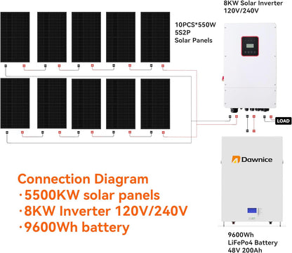 5500W Hybrid Solar System Complete Kit with 48V 200Ah Lifepo4 Battery Wall Mount 9600Wh, 550W Solar Panels 10PCS Bificial 8KW Split Phase Inverter with MPPT Controller 120V/240V - UL