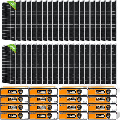 10920W Solar Panels for Homes with 48V 400AH Lifepo4 Battery:56Pcs 12V 195W Bifacial Monocrystalline Solar Panel+16Pcs 48V 50AH Lithium Battery,Off Grid Solar System Complete Kit