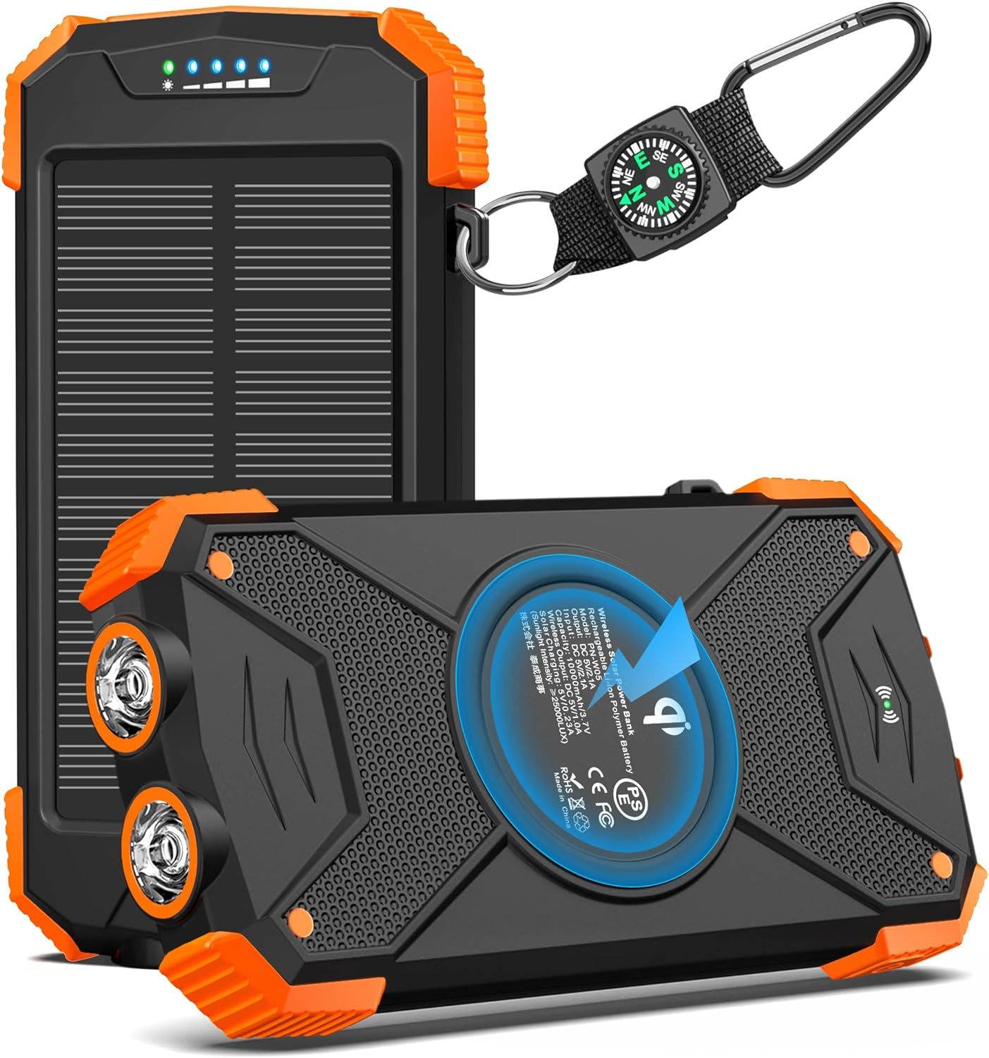 Solar Charger Power Bank, Real Rated 10,000Mah Portable Wireless Charger with USB C Input/Output for Cell Phones, External Battery Pack with Dual Flashlight for Camping