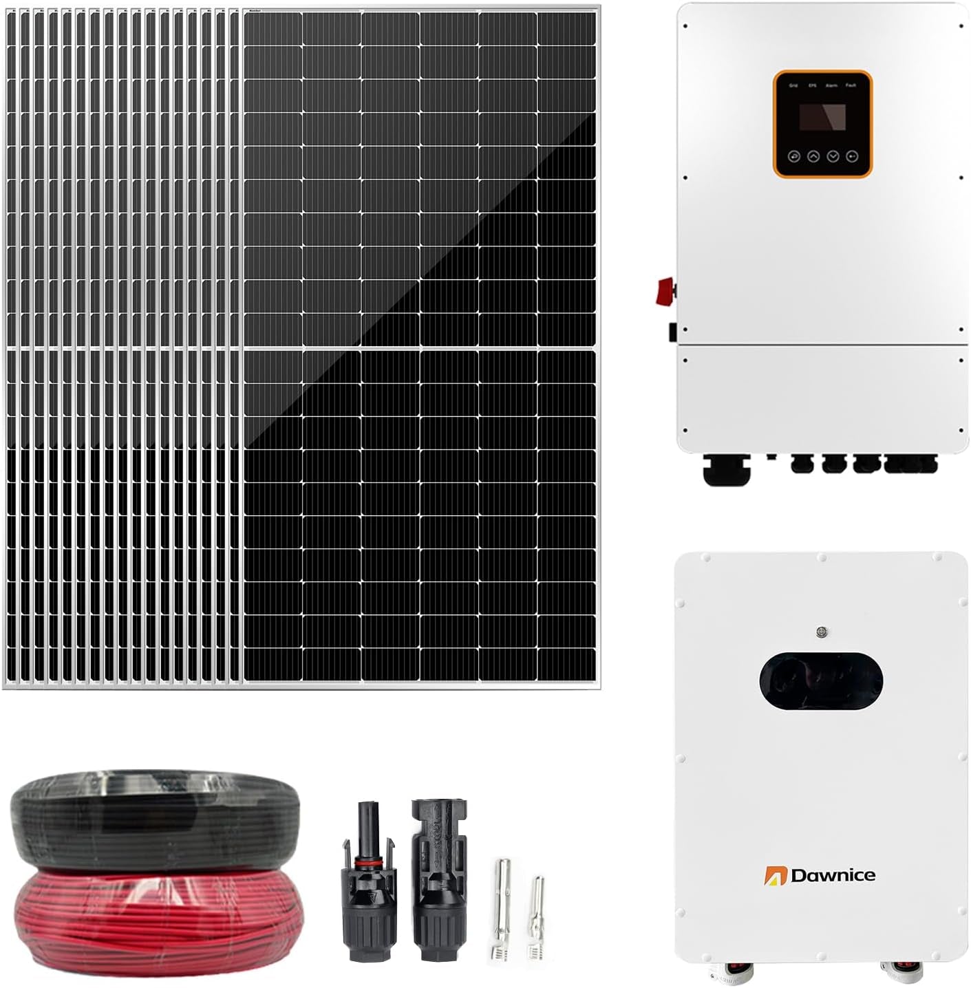 10Kw Solar Panel Kit Complete System with 18Pcs 550W Bifacial Solar Panels, 10Kwh Lithium Batteries, 10Kw Hybrid Inverter, Solar Cables, Solar Connectors for DIY off Grid Living