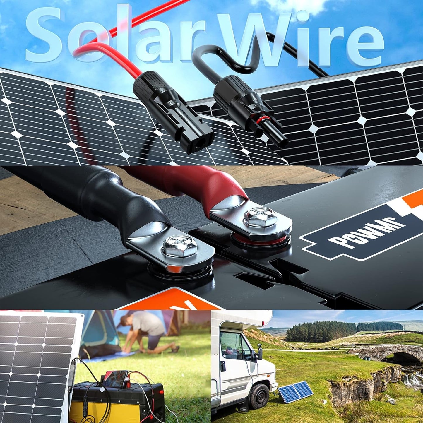 Solar Panel Wire 328FT Black 10AWG (6Mm²) Tinned Copper Wire, PV Wire Solar Extension Cable, Solar Panel Cable for Solar Panel Automotive RV Boat Marine Outdoor,10Awg 328Ft Black
