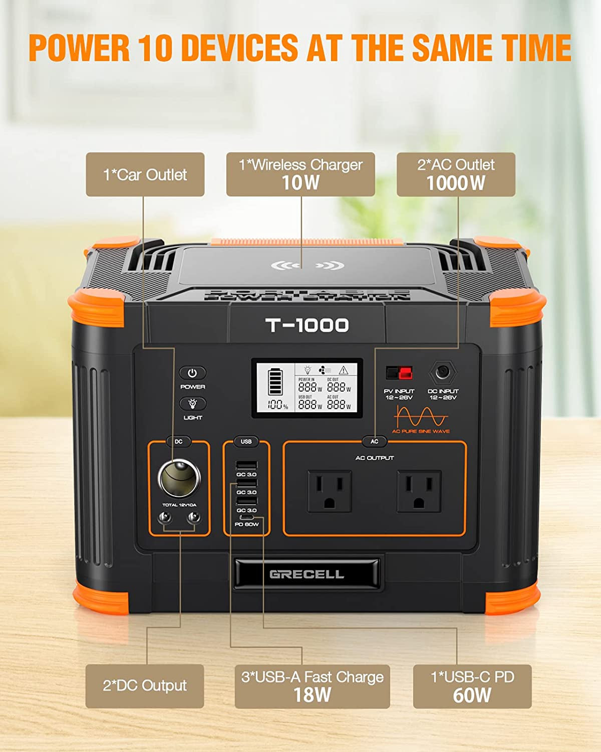 999Wh Solar Generator 1000W, Portable Power Station with 60W USB-C PD Output, 110V Pure Sine Wave AC Outlet Backup Lithium Battery for Outdoors Camping Travel Hunting Home (Peak 2000W)