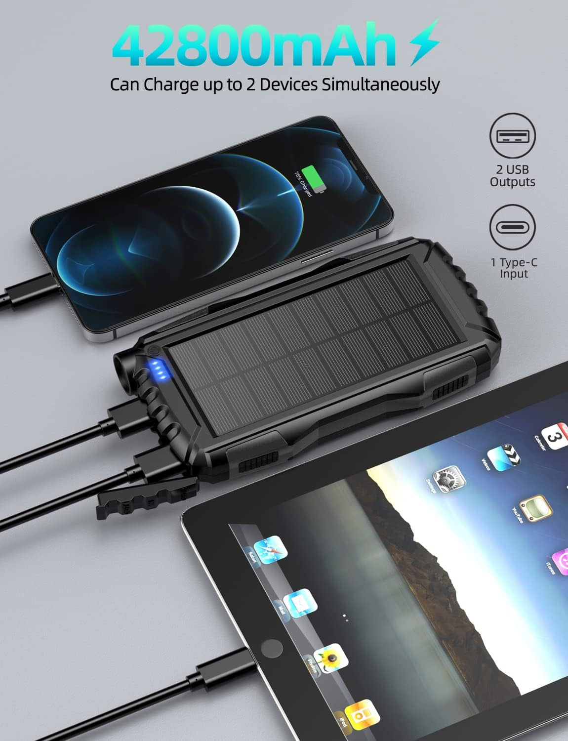 Power-Bank-Solar-Charger - 42800Mah Portable Charger,Solar Power Bank,External Battery Pack 5V3.1A Qc 3.0 Fast Charger Built-In Super Bright Flashlight (Deep Black)