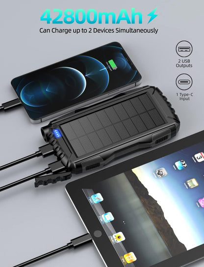 Power-Bank-Solar-Charger - 42800Mah Portable Charger,Solar Power Bank,External Battery Pack 5V3.1A Qc 3.0 Fast Charger Built-In Super Bright Flashlight (Deep Black)