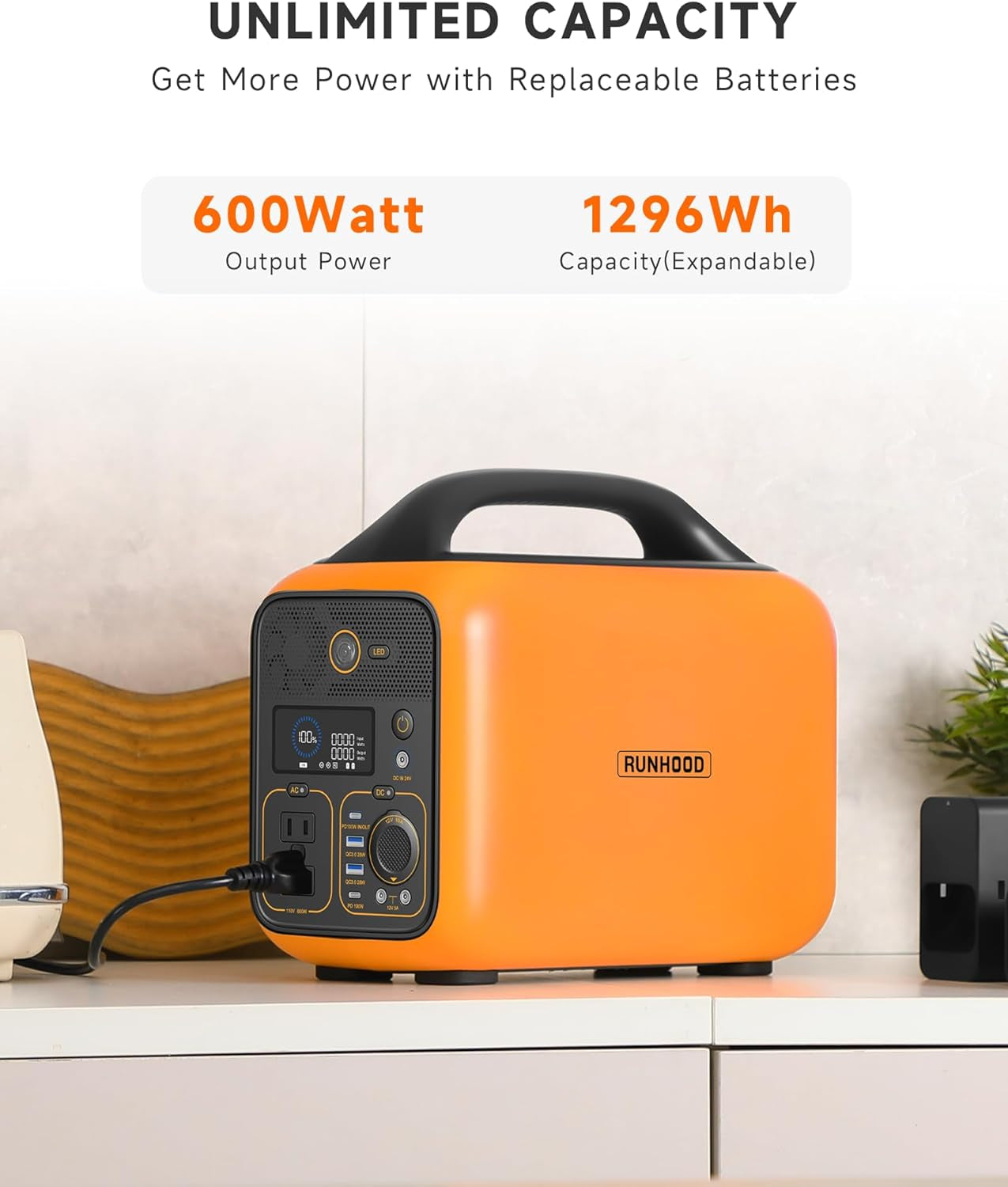 Solar Generator Rallye 600 Pro, 1296Wh Portable Power Station Hot Swappable Energy Bar Backup Batteries(4*Eb324), 110V/600W AC Outlet for Outdoors Camping Travel, Home Use, Emergency, CPAP