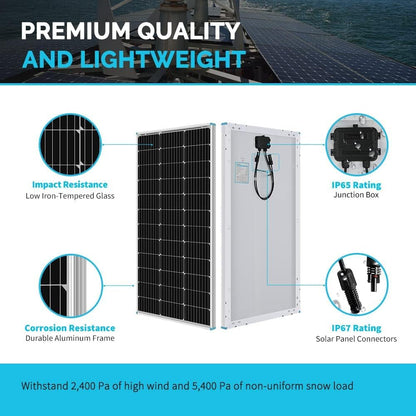 600W 12V Monocrystalline Solar Premium Kit with 60A MPPT Charger Controller /Bluetooth Module /Adaptor Kit /Tray Cables /Fuse Cable /Mounting Z Brackets /ANL Fuse /Branch Connectors