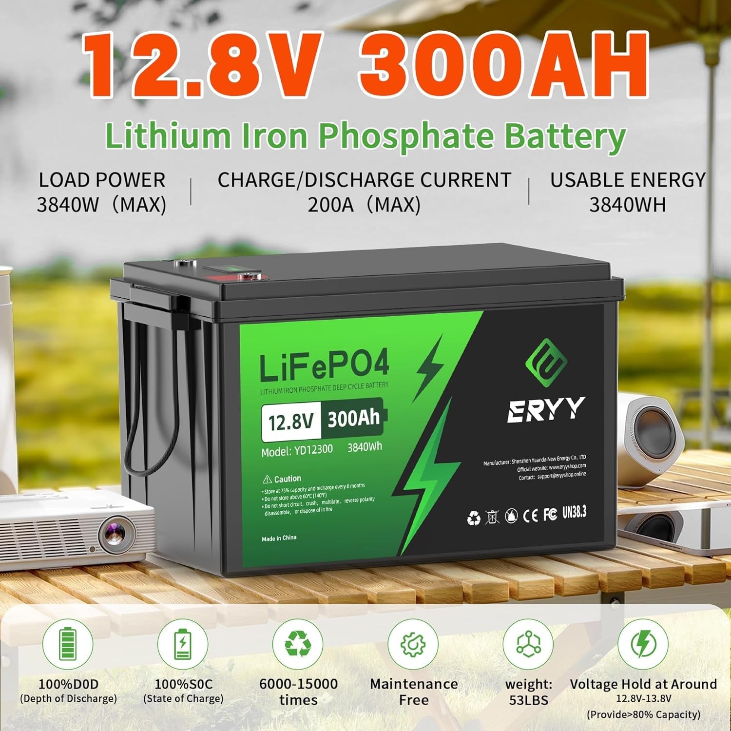 12V 300Ah Lifepo4 Lithium Battery, 3840Wh Deep Cycle Battery, 200A BMS, Max 15000 Cycles, Perfect for RV, Golf Carts, Camping, Solar Energy Storage, Off-Grid, Fishing Trolling Motor, Boat, Marine