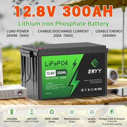 12V 300Ah Lifepo4 Lithium Battery, 3840Wh Deep Cycle Battery, 200A BMS, Max 15000 Cycles, Perfect for RV, Golf Carts, Camping, Solar Energy Storage, Off-Grid, Fishing Trolling Motor, Boat, Marine