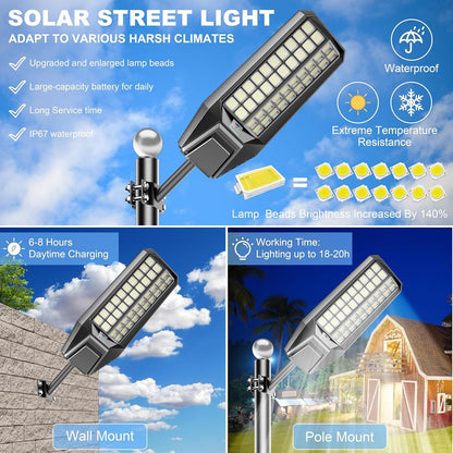 6-Pack 24000W Solar Street Light - 1800000 Lumens, Dusk-To-Dawn, Waterproof, Ideal for Commercial & Outdoor Parking Lots - Energy-Efficient Solar-Powered, 3-Year Warranty