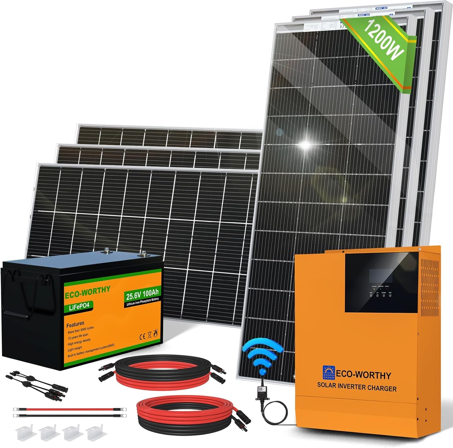 4.8KWH Solar Power Complete Kit 1200W 24V with Lithium Battery and Inverter for Home: 6Pcs 195W Bifacial Solar Panel + 1Pc 25.6V 100Ah Li-Battery + 3000W MPPT Hybrid Charger Inverter