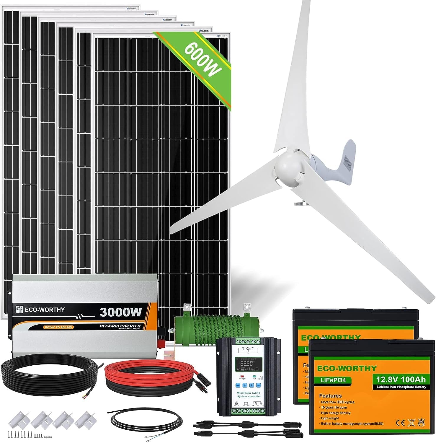 1000W 4KWH Solar Wind Power Kit: 1*400W Wind Turbine + 6*100W Solar Panel + 2*12V 100Ah Lithium Battery + 1*24V 3000W Inverter for Home/Rv/Boat/Farm/Street Light and Off-Grid Appliances