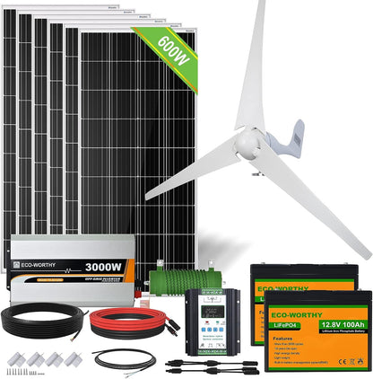 1000W 4KWH Solar Wind Power Kit: 1*400W Wind Turbine + 6*100W Solar Panel + 2*12V 100Ah Lithium Battery + 1*24V 3000W Inverter for Home/Rv/Boat/Farm/Street Light and Off-Grid Appliances
