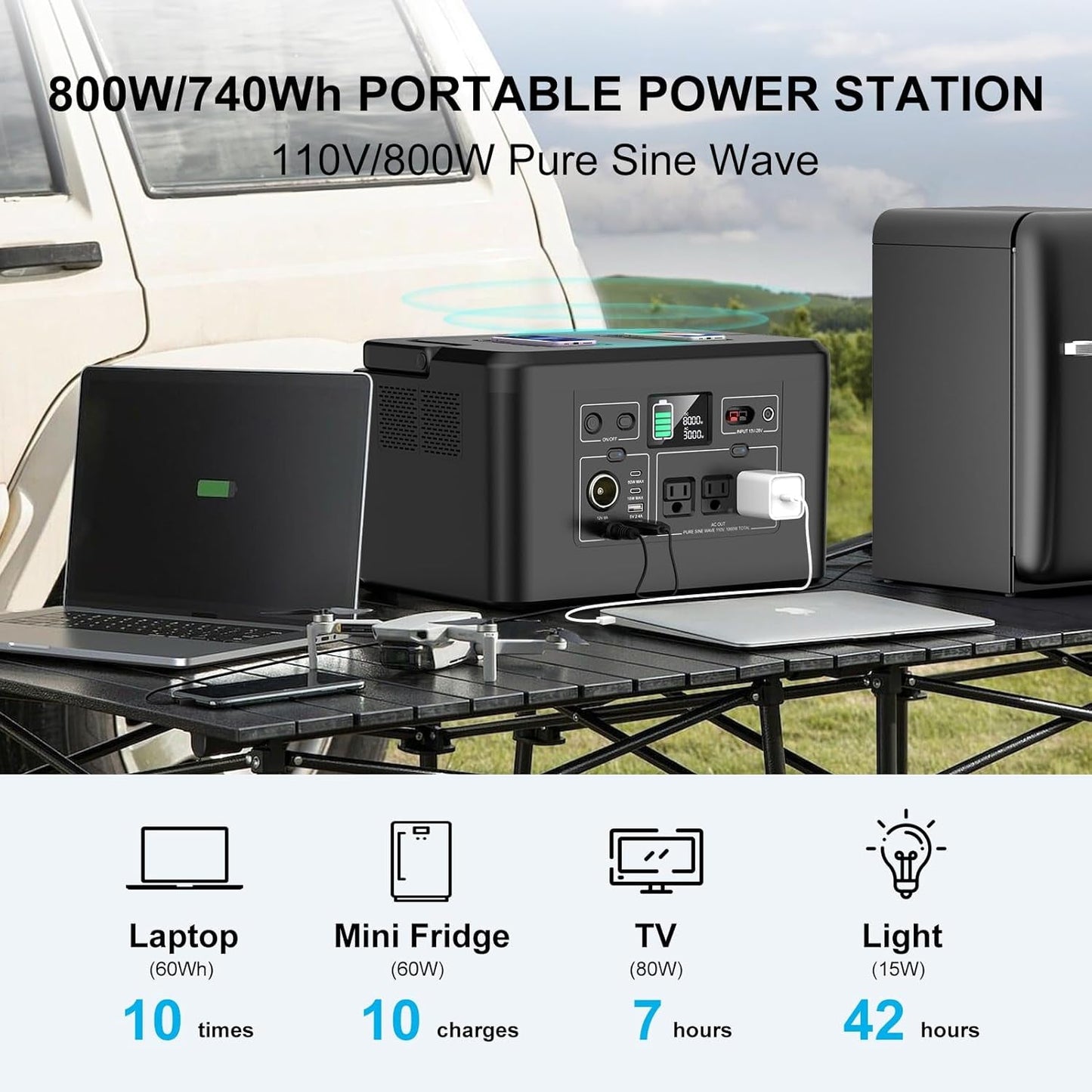 Portable Power Station 800W with 3 AC Outlets, 110V/740Wh Solar Generator(Solar Panel Optional), 200,000Mah Emergency Backup Lithium-Ion Battery for Outdoors Travel RV Trip Camping CPAP Machine