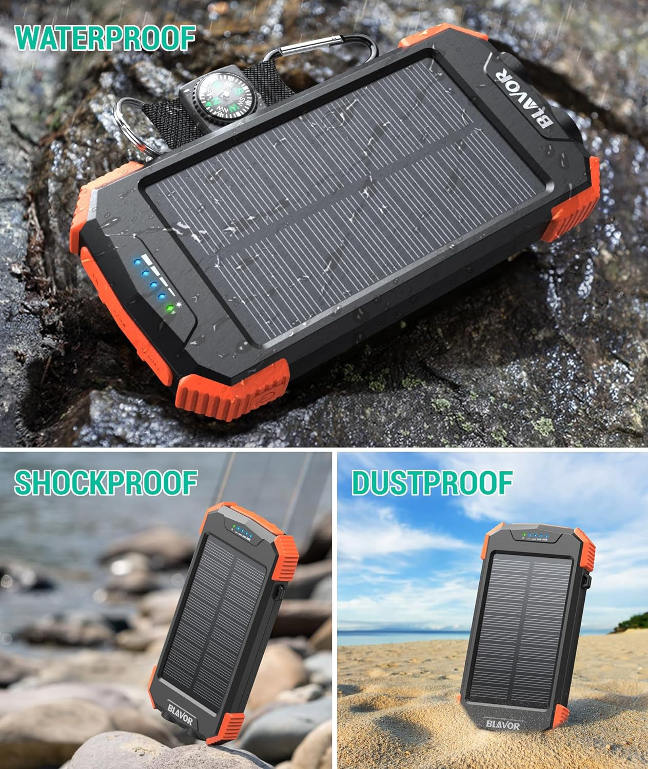 Solar Charger Power Bank, Real Rated 10,000Mah Portable Wireless Charger with USB C Input/Output for Cell Phones, External Battery Pack with Dual Flashlight for Camping