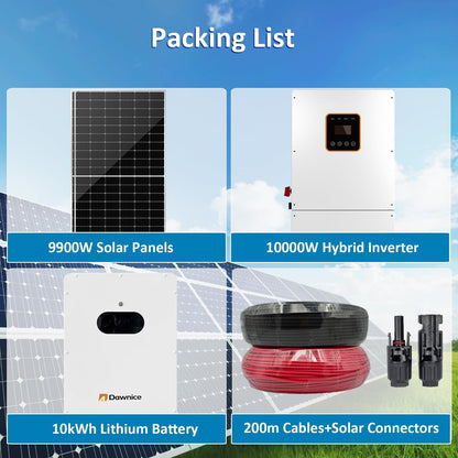10Kw Solar Panel Kit Complete System with 18Pcs 550W Bifacial Solar Panels, 10Kwh Lithium Batteries, 10Kw Hybrid Inverter, Solar Cables, Solar Connectors for DIY off Grid Living