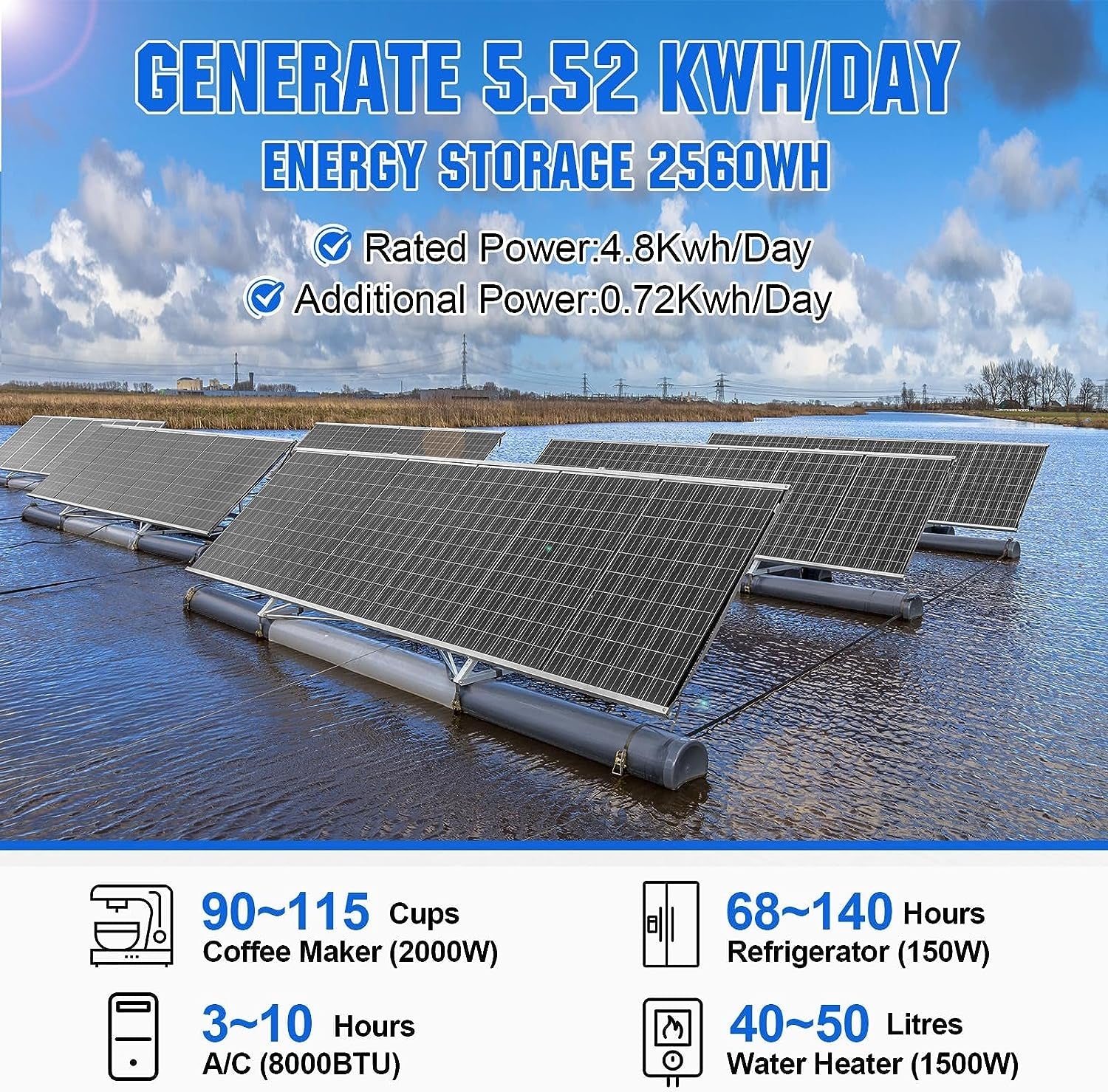 4.8KWH Solar Power Complete Kit 1200W 24V with Lithium Battery and Inverter for Home: 6Pcs 195W Bifacial Solar Panel + 1Pc 25.6V 100Ah Li-Battery + 3000W MPPT Hybrid Charger Inverter