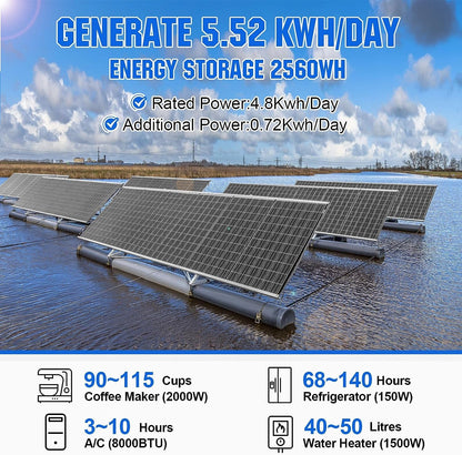 4.8KWH Solar Power Complete Kit 1200W 24V with Lithium Battery and Inverter for Home: 6Pcs 195W Bifacial Solar Panel + 1Pc 25.6V 100Ah Li-Battery + 3000W MPPT Hybrid Charger Inverter