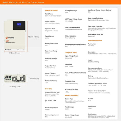 Calpha 4Kw 20.48Kwh Complete Solar Panel Kits: 4000W Flexible Panels + 4 * 51.2V 100Ah Lifepo4 Lithium Battery + 5Kw Integrated Solar Inverter + Accessories, 48V System - Floor-Standing