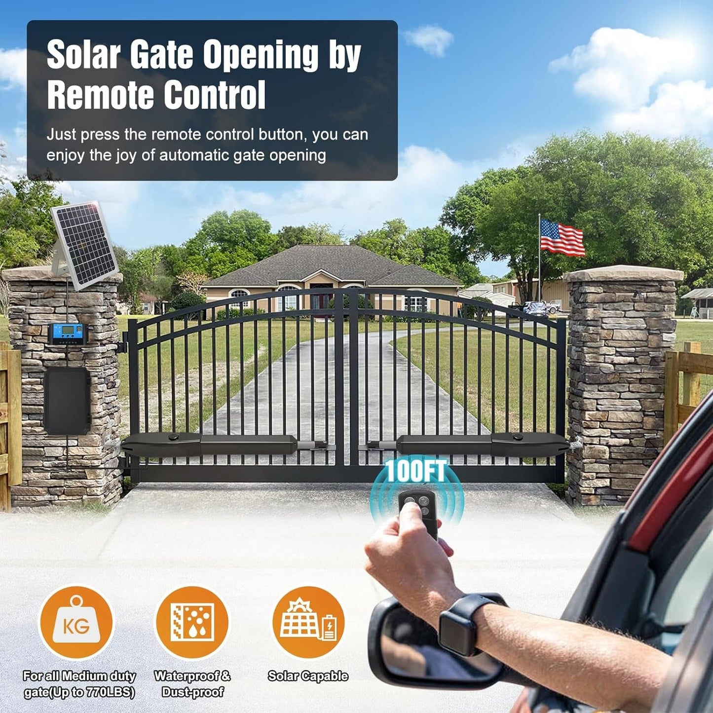 C026 Solar Gate Opener with Batteries & Solar Panel for Dual Swing Gates up to 1540Lb Automatic Gate Opener with Remote Complete Kit Medium Duty Electric Gate Opener Solar Powered 60W Motor