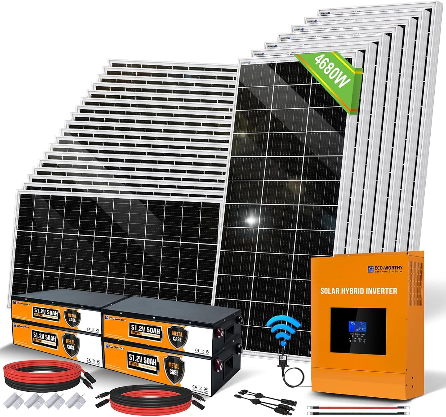 18.7KWH 4680W 48V Solar Power Complete Kit for Home Shed: 24Pcs 195W Mono Solar Panel + 1Pc 5000W 48V Hybrid MPPT Solar Charge Inverter + 4Pcs 48V 50AH Lithium Battery(10Kwh) +Z-Bracket