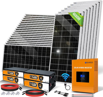 18.7KWH 4680W 48V Solar Power Complete Kit for Home Shed: 24Pcs 195W Mono Solar Panel + 1Pc 5000W 48V Hybrid MPPT Solar Charge Inverter + 4Pcs 48V 50AH Lithium Battery(10Kwh) +Z-Bracket