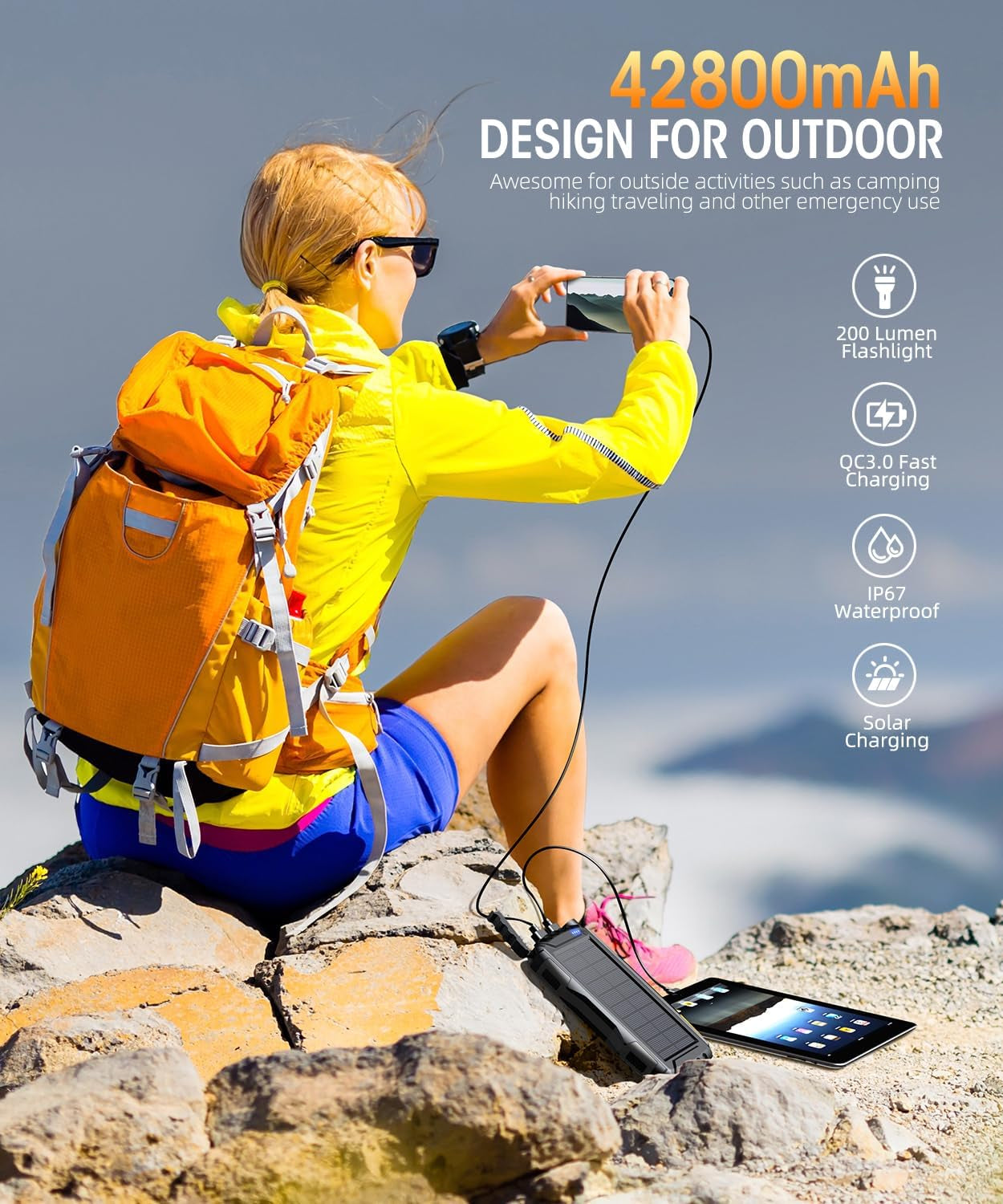 Power-Bank-Solar-Charger - 42800Mah Portable Charger,Solar Power Bank,External Battery Pack 5V3.1A Qc 3.0 Fast Charger Built-In Super Bright Flashlight (Deep Black)