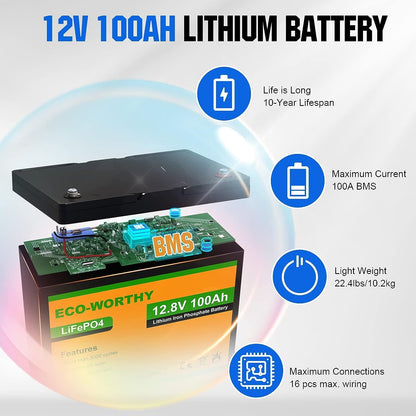 1000W 4KWH Solar Wind Power Kit: 1*400W Wind Turbine + 6*100W Solar Panel + 2*12V 100Ah Lithium Battery + 1*24V 3000W Inverter for Home/Rv/Boat/Farm/Street Light and Off-Grid Appliances